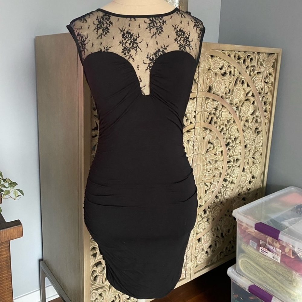 GUESS Vintage Little Black Dress with Lacey Sweetheart Top & Slimming Ruching